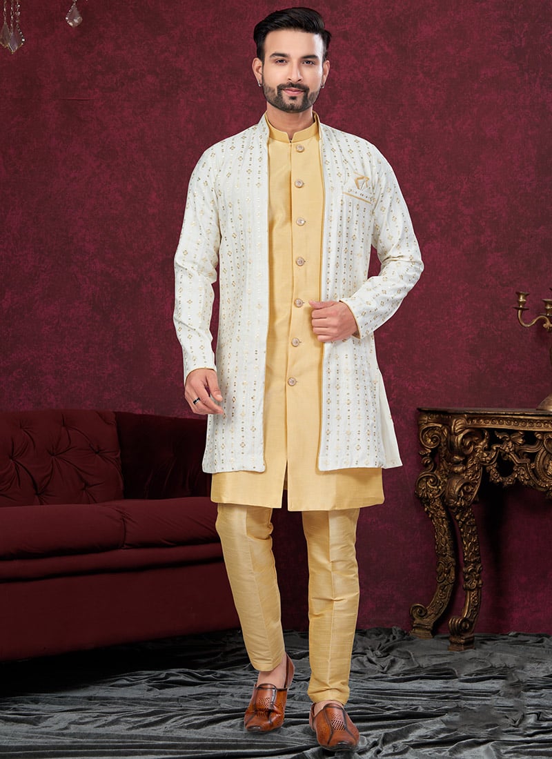 Off White Imported Silk Embroidered Sequins Indowestern Sherwani
