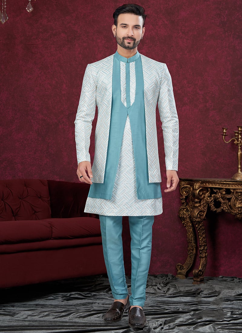 Off White Imported Silk Embroidered Sequins Indowestern Sherwani Wedding Wear