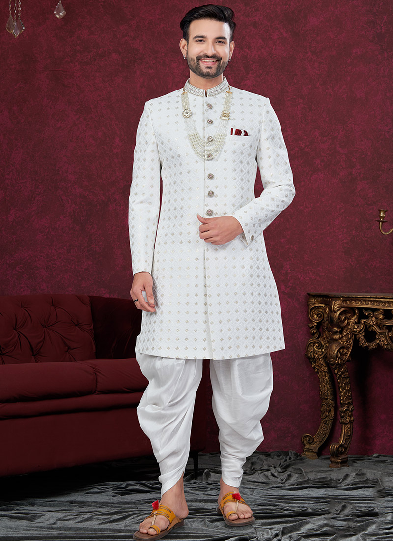 Off White Imported Silk Embroidered Sequins Indowestern Sherwani