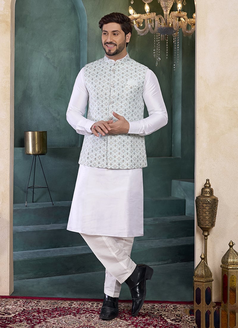 Off White Jacquard Banarasi Silk Bandi Set Festive Wear