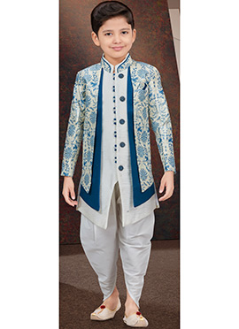 Off White Jacquard Banarasi Silk Digital Print Kids Boys Indowestern Sherwani