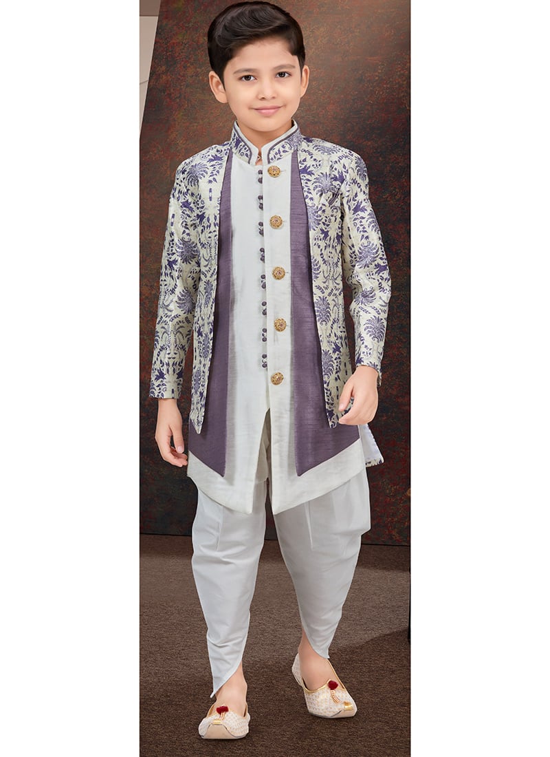 Off White Jacquard Banarasi Silk Digital Print Kids Boys Indowestern Sherwani Wedding Wear