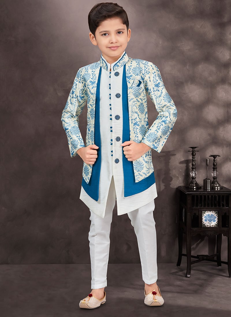 Off White Jacquard Banarasi Silk Printed Indowestern Sherwani For Stylish
