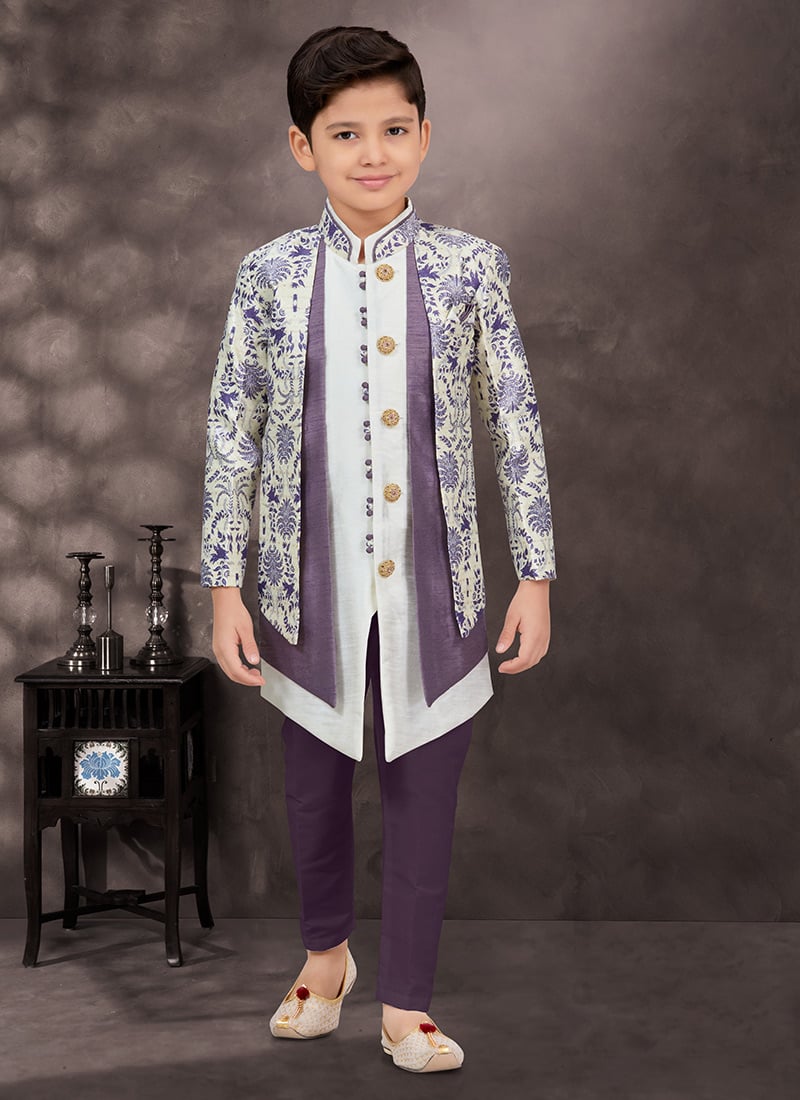 Off White Jacquard Banarasi Silk Thread Sequins Kids Boys Indowestern Sherwani Wedding Wear