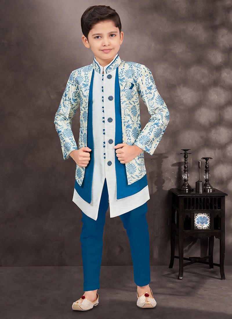 Off White Jacquard Banarasi Silk Thread Sequins Kids Boys Indowestern Sherwani Wedding Wear