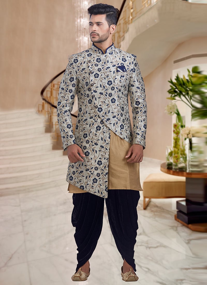 Off White Jacquard Indowestern Sherwani Wedding Wear