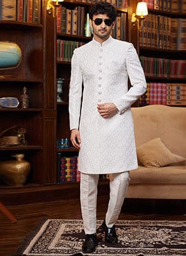 Off White Jacquard Silk Beads Sequins Hand Work Indowestern Sherwani
