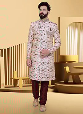 Off White Jacquard Silk Classic Sherwani
