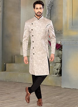 Off White Jacquard Silk Embroidered Indowestern Sherwani