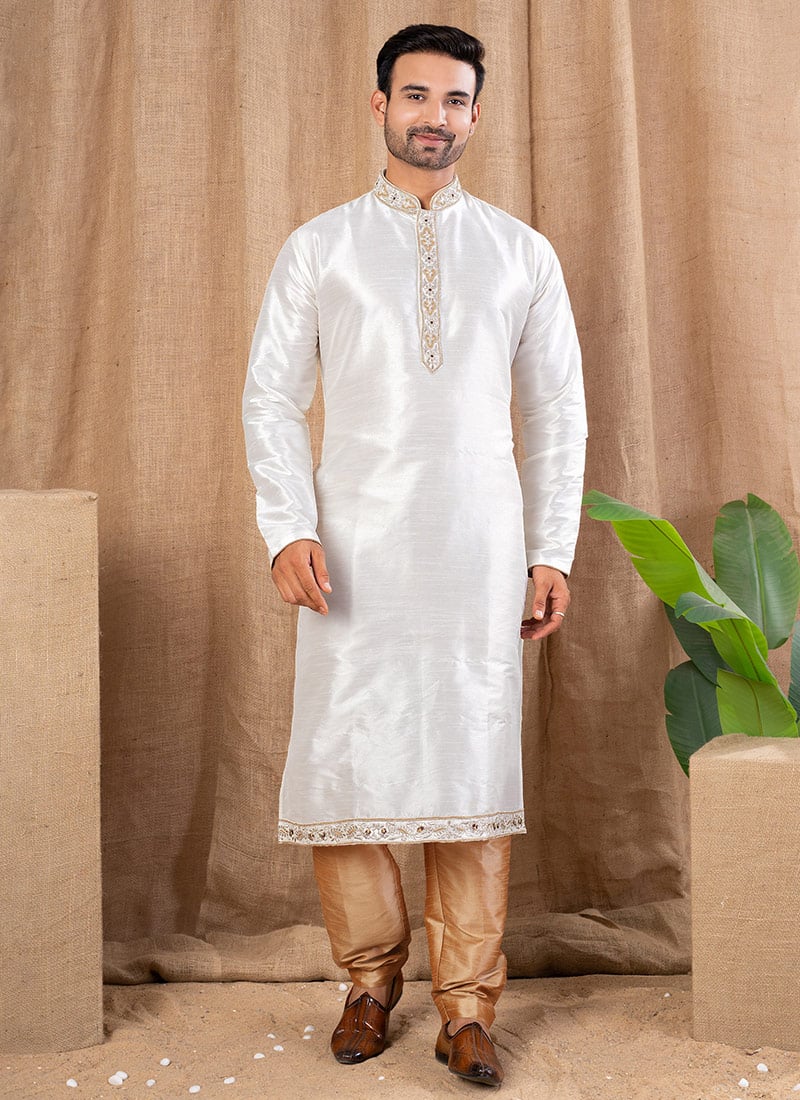 Off White Jacquard Silk Embroidered Kurta Pyjama