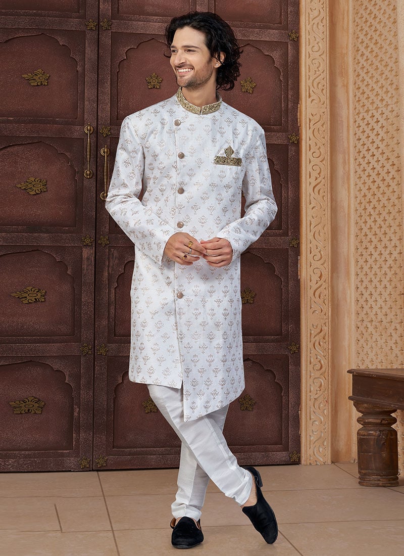 Off White Jacquard Silk Embroidered Sequins Indowestern Sherwani Wedding Wear