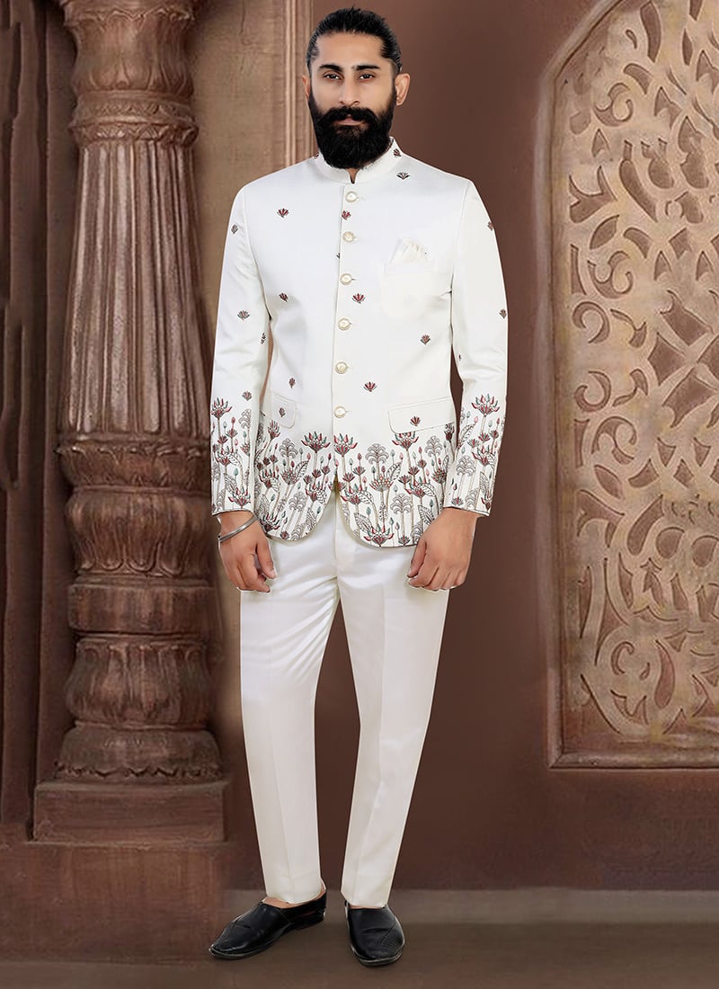 Off White Jacquard Silk Embroidered Sequins Two Piece Suit Wedding Wear
