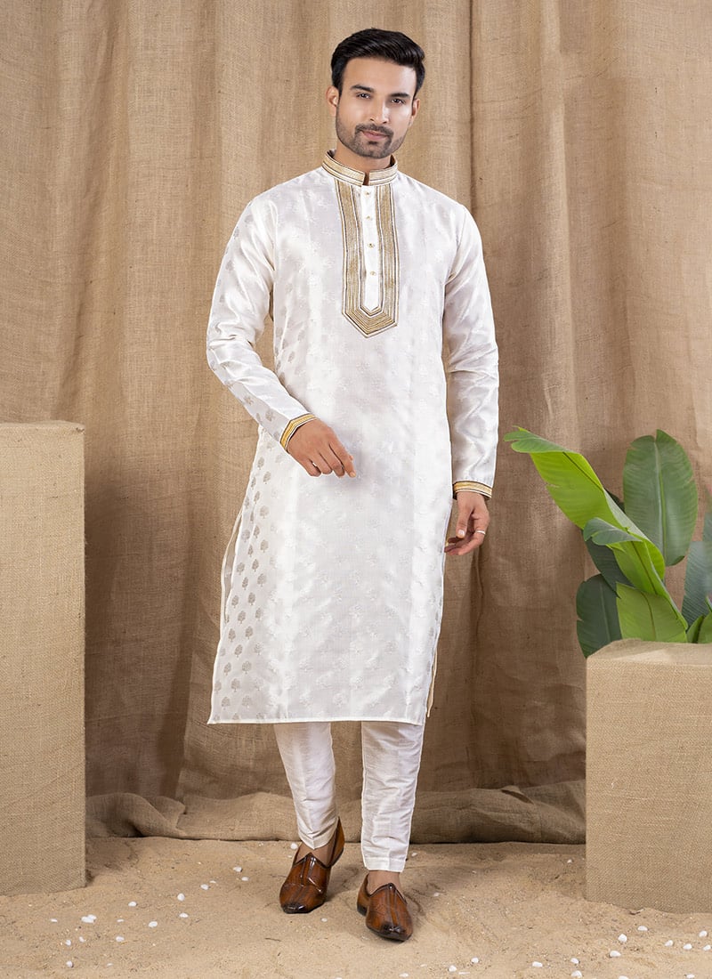 Off White Jacquard Silk Kurta Pyjama