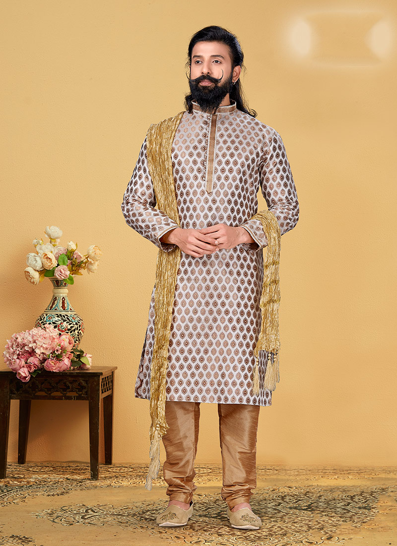 Off White Jacquard Silk Kurta Pyjama