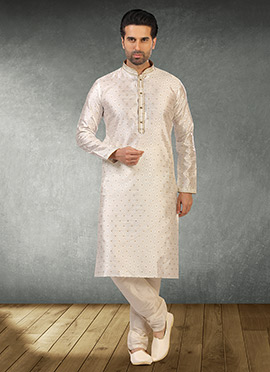 Off White Jacquard Silk Pintux Kurta Pyjama