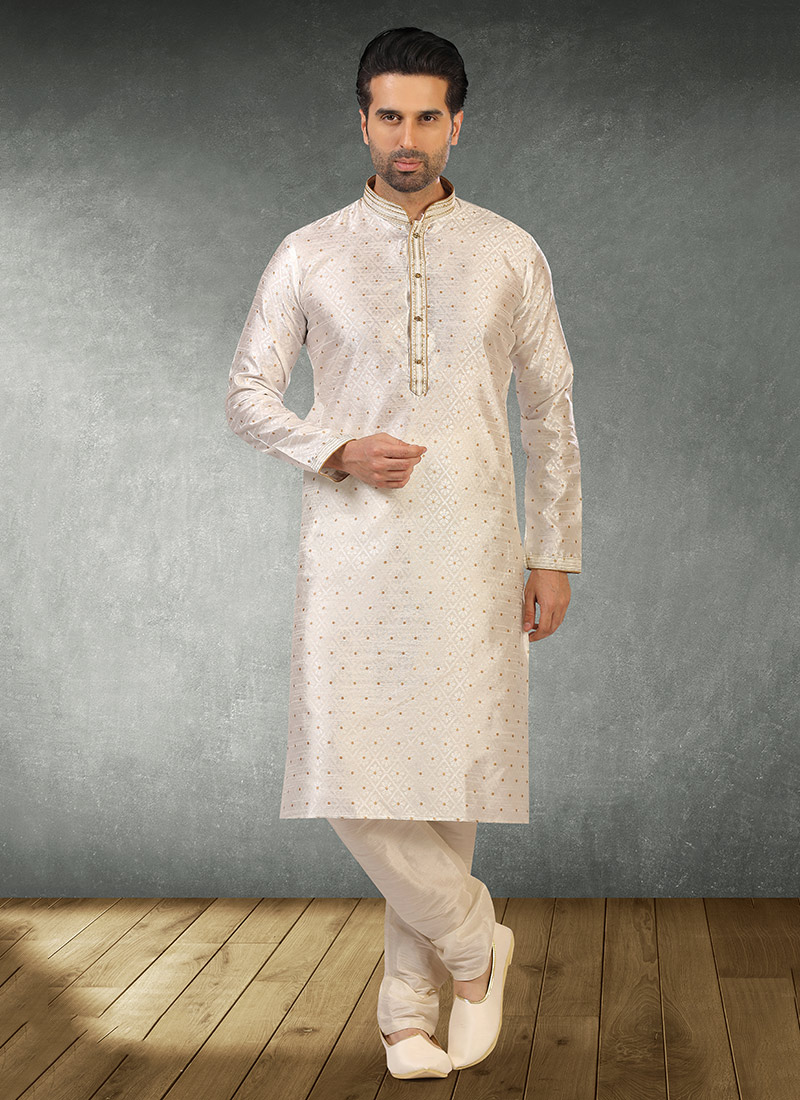 Off White Jacquard Silk Pintux Kurta Pyjama