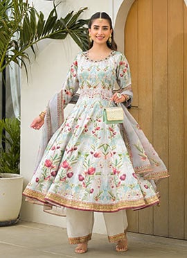 Off White Jam Silk Digital Foil Print Anarkali Suit