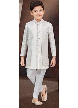 Off White Kasak Zari Jacquard Banarasi Silk Sequins Kids Boys Indowestern Sherwani