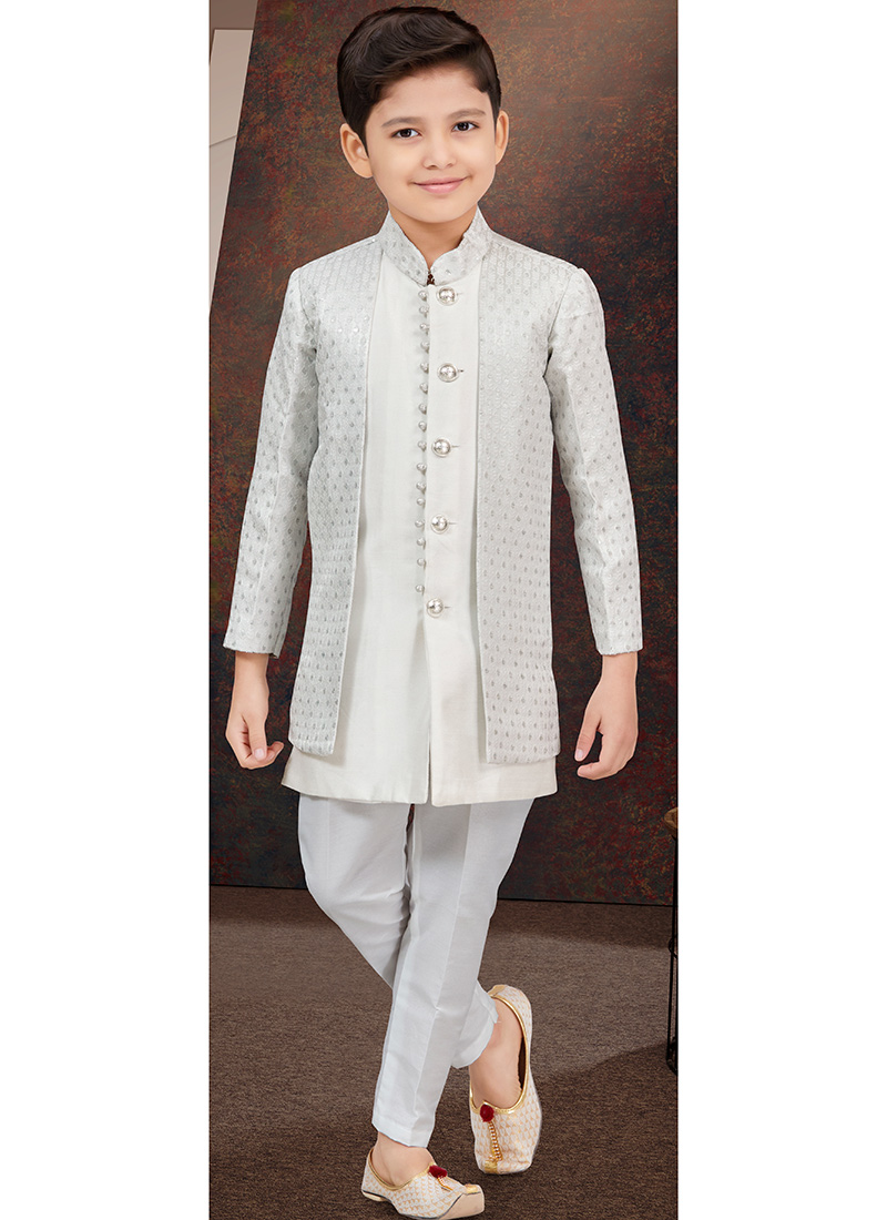 Off White Kasak Zari Jacquard Banarasi Silk Sequins Kids Boys Indowestern Sherwani Wedding Wear