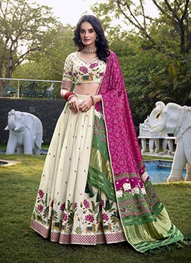 Off White Khadi Cotton Embroidered Zari Thread Work A Line Lehenga