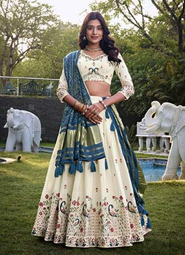 Off White Khadi Cotton Embroidered Zari Thread Work A Line Lehenga