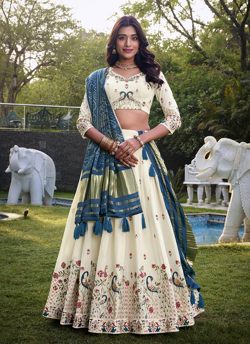 Off White Khadi Cotton Embroidered Zari Thread Work A Line Lehenga