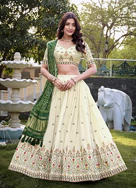 Off White Khadi Cotton Embroidered Zari Thread Work A Line Lehenga