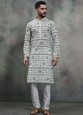 Off White Khadi Cotton Moubani Print Kurta Pyjama