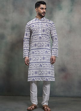 Off White Khadi Cotton Moubani Print Kurta Pyjama