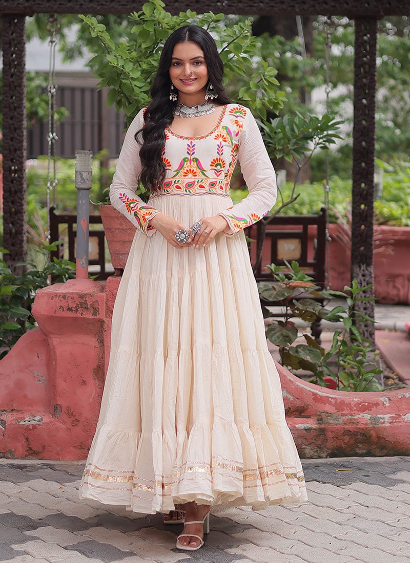 Off White Kora Cotton Gota Kutch Work Gown Festive Wear