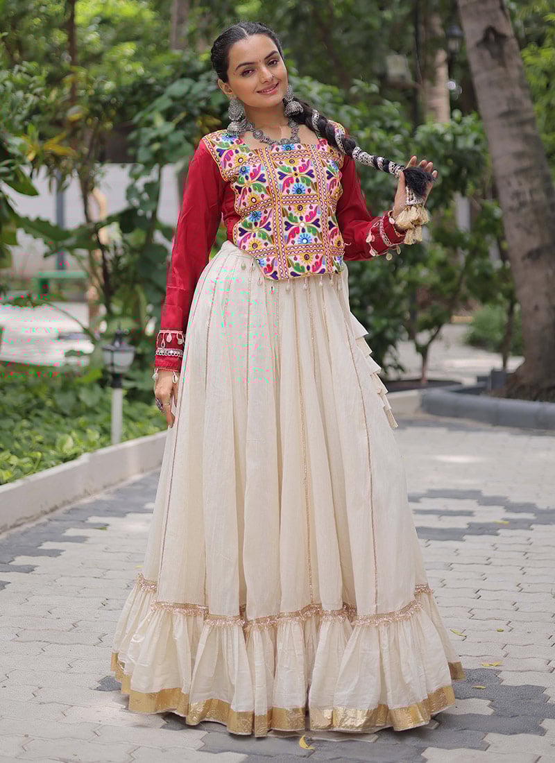 Off White Kora Cotton Indowestern Skirt Set With Gota Kutch Work  Festive Wear