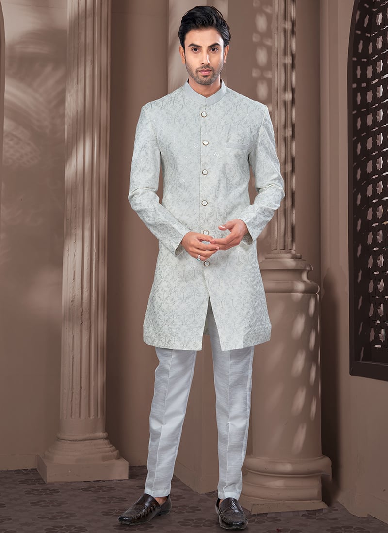Off White Kora Shine Silk Embroidered Sequins Indowestern Sherwani Festive Wear