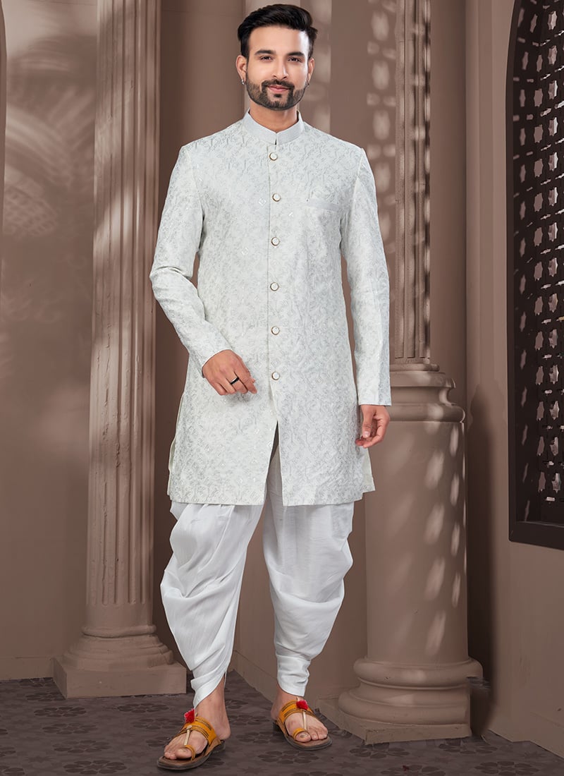 Off White Kora Shine Silk Printed Embroidered Sequins Indowestern Sherwani Festive Wear
