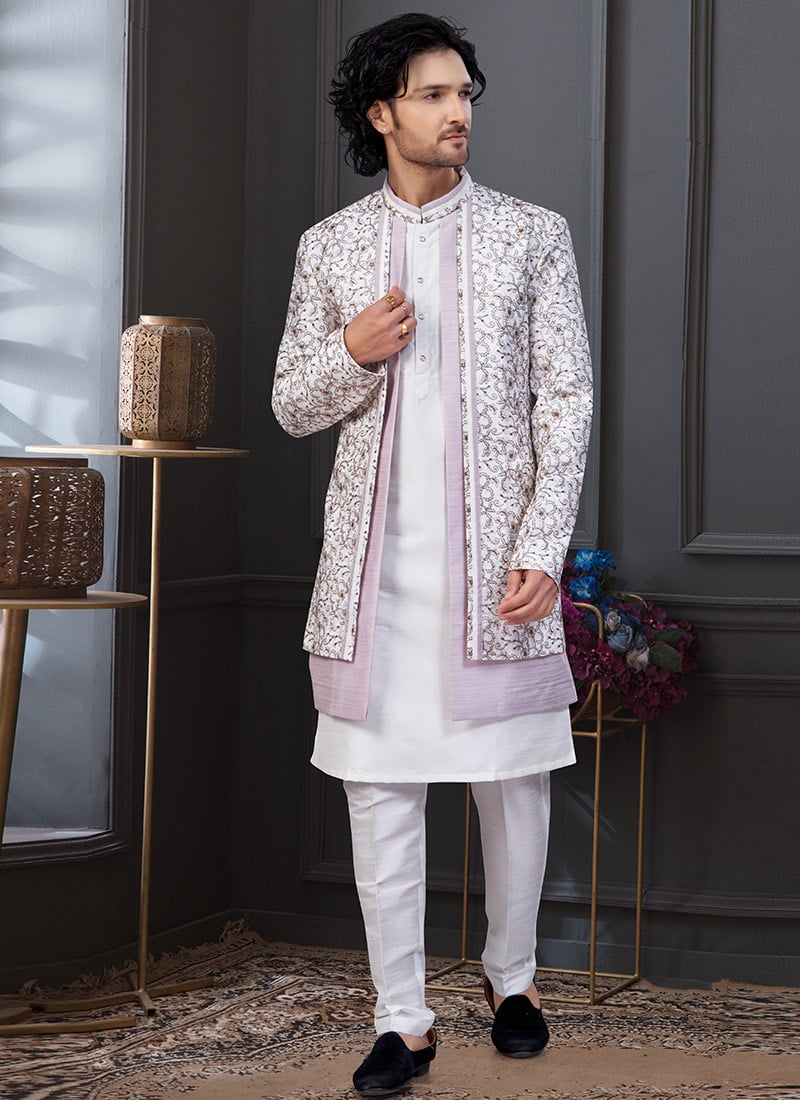 Off White Kora Shine Silk Zari Embroidered Sequins Thread Indowestern Sherwani Festive Wear