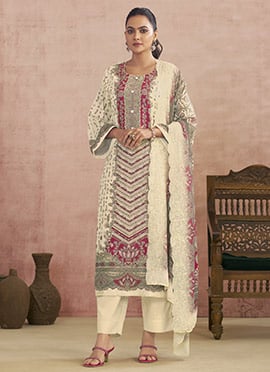 Off White Lawn Cotton Digital Print Straight Pant Suit