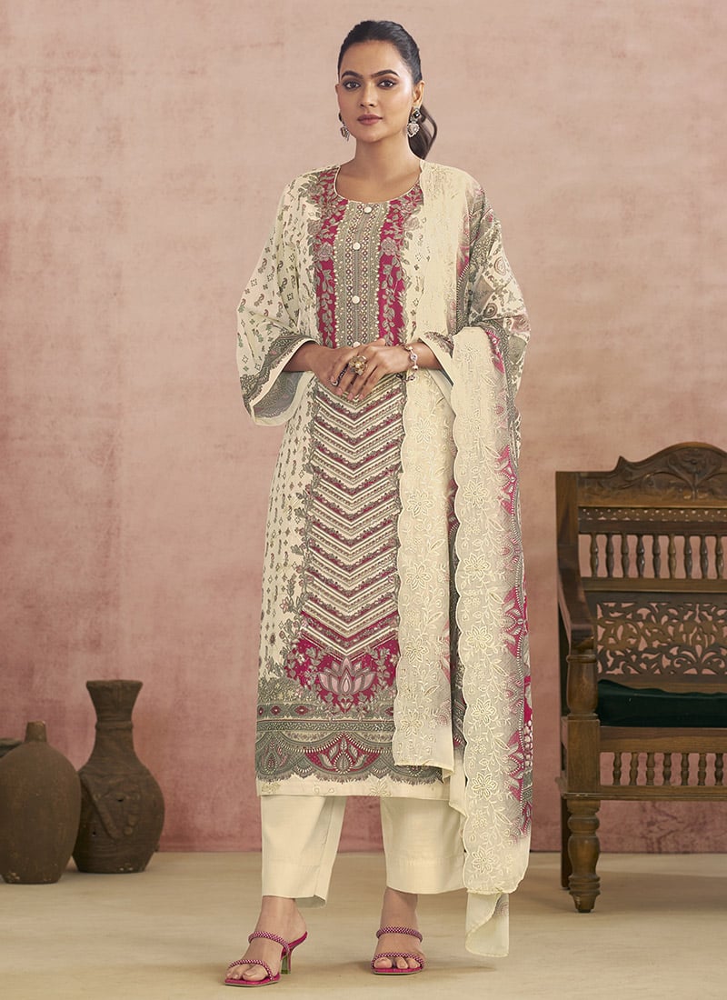 Off White Lawn Cotton Digital Print Straight Pant Suit After Six Wear