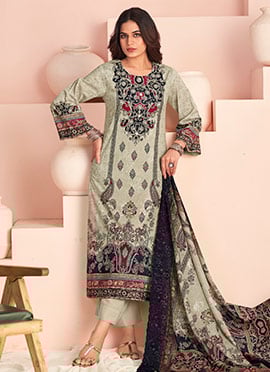 Off White Lawn Cotton Digital Print Thread Straight Pant Suit