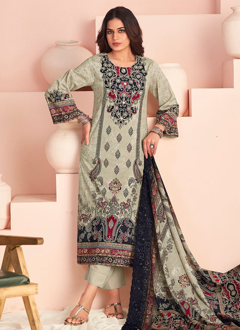 Off White Lawn Cotton Digital Print Thread Straight Pant Suit After Six Wear