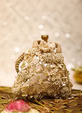 Off White Leather Beads Sequins Potli For Women