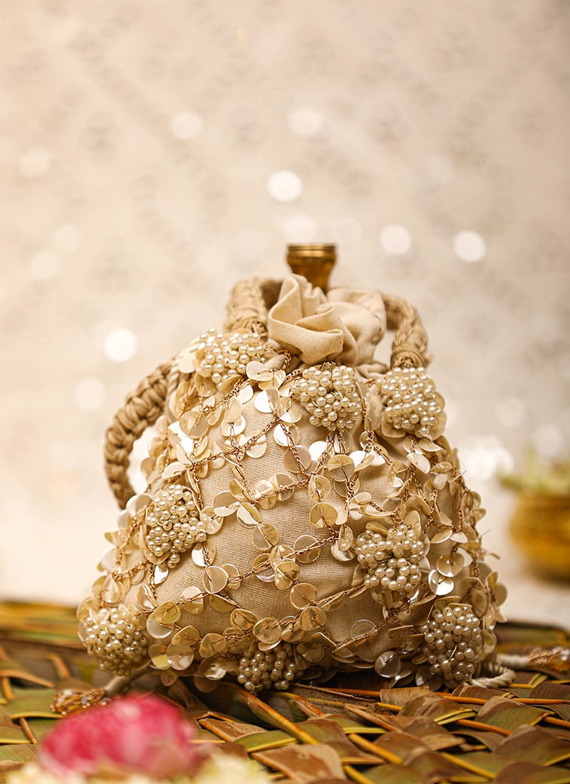 Off White Leather Beads Sequins Potli For Women Wedding Wear