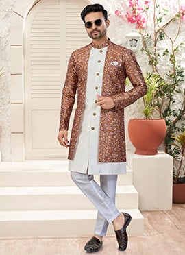 Off White Malbari Banarasi Silk Digital Jacquard Print Indowestern Sherwani