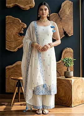 Off White Maska Cotton Silk Embroidered Pant Suit