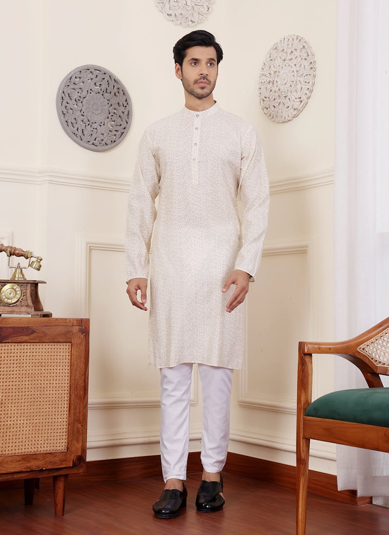 Off White Modal Silk Printed Kurta