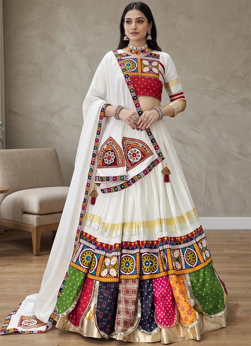 Garba Off White Multicolor Cotton Embroidered Mirror Work Chaniya Choli Festive Wear