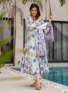 Off White Muslin Digital Print Anarkali Suit
