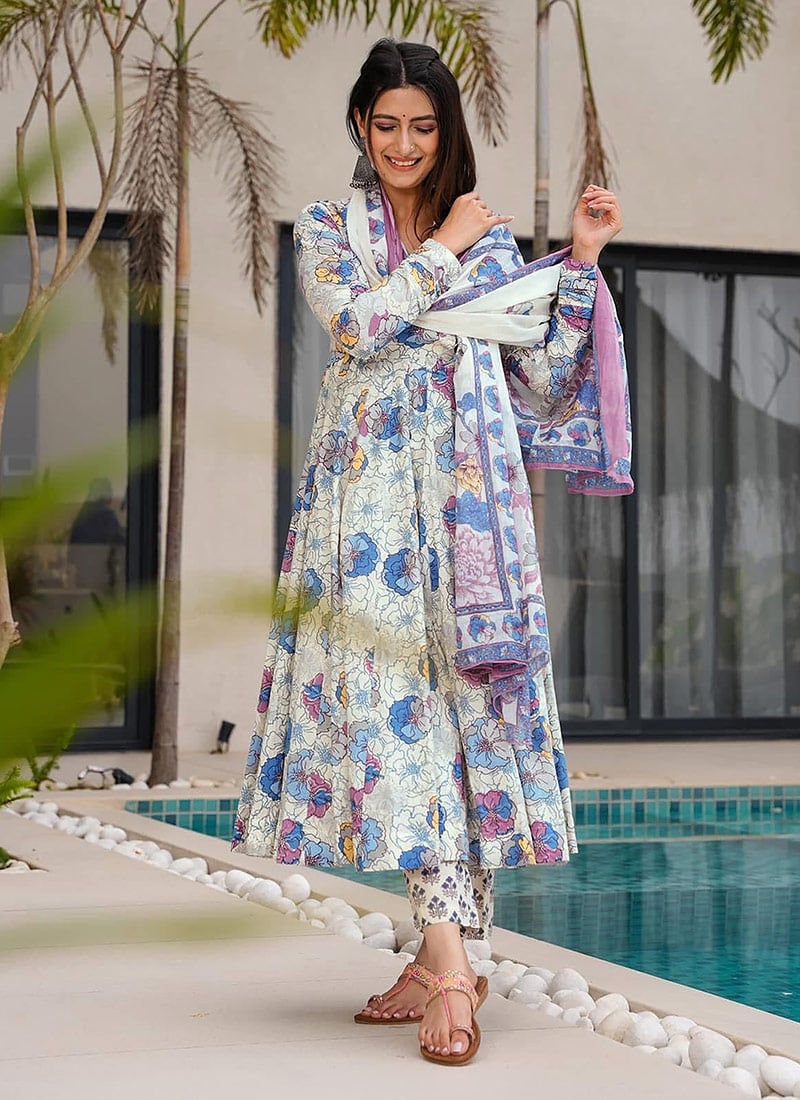 Off White Muslin Digital Print Anarkali Suit After Six Wear