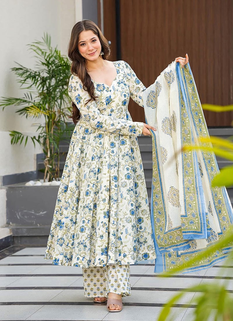 Off White Muslin Digital Print Palazzo Suit