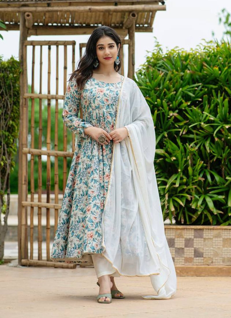 Off White Muslin Georgette Floral Digital Print Anarkali Suit Festive Wear