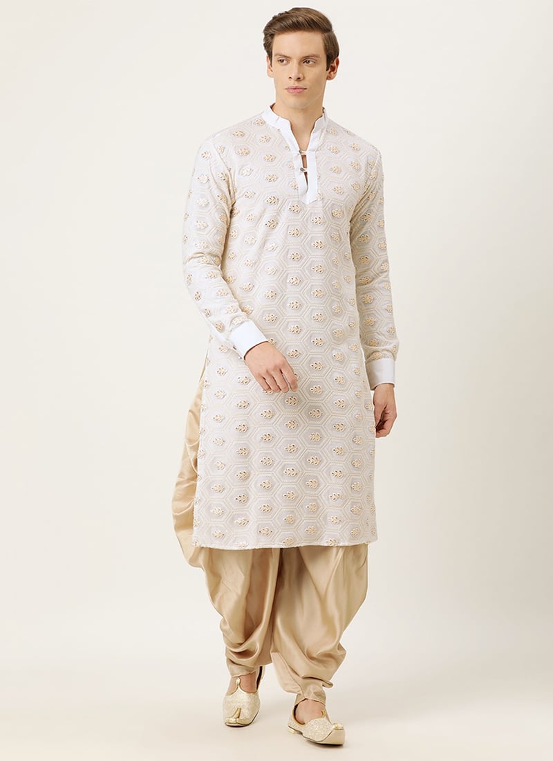 Off White N Beige Embroidered Dhoti Kurta Set