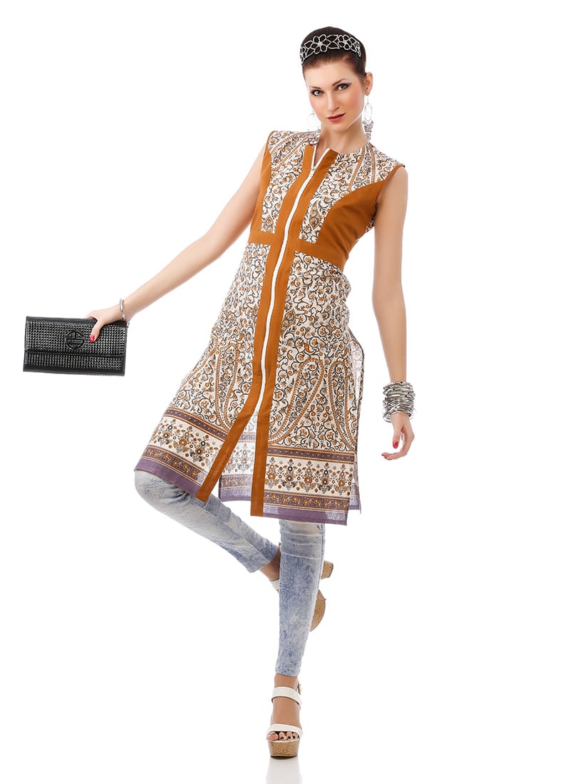 Off White N Brown Cotton Kurti After Six Wear